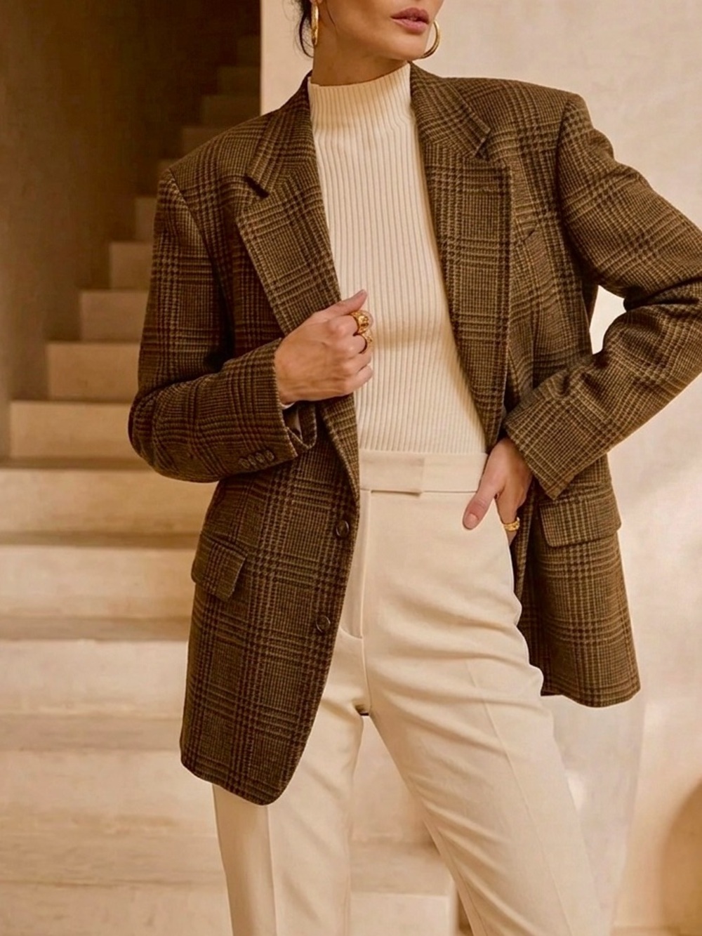 PROTOCOL Oversized Plaid Brown Blazer - Workwear Elegance